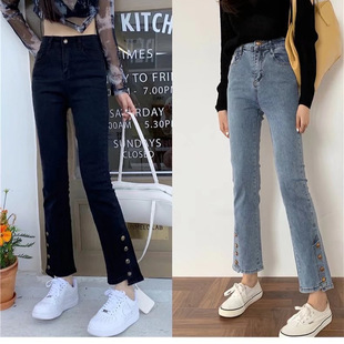 Irregular breasted pants women's spring and autumn fat sister mm plus size high waist slimming skinny jeans design sense niche