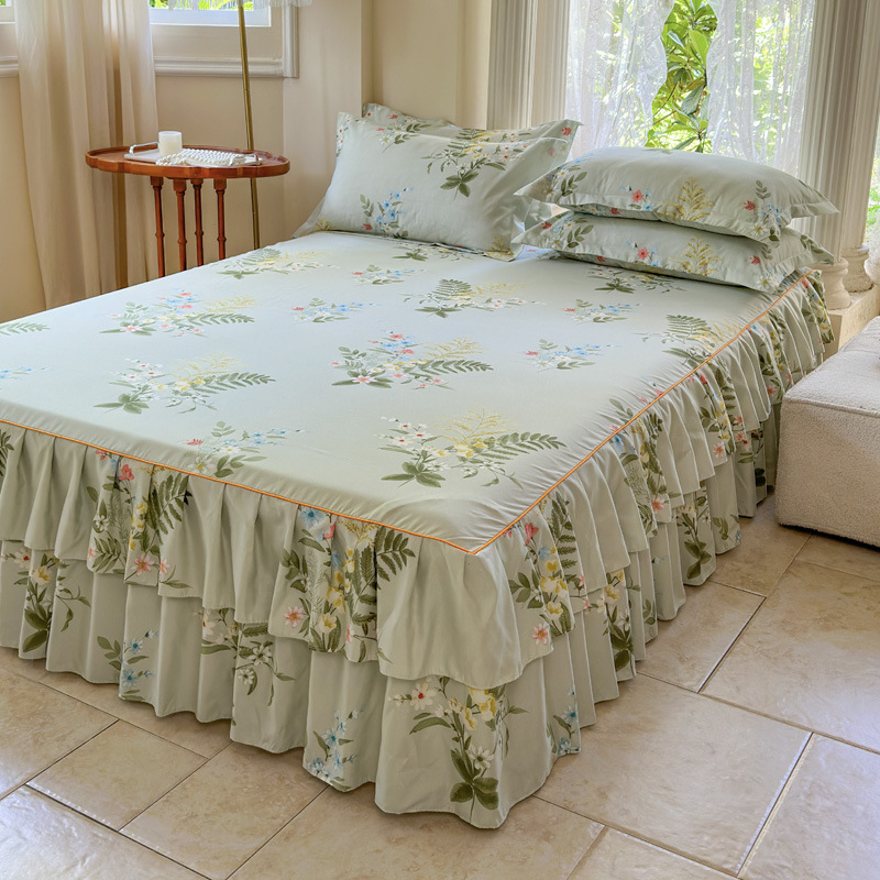 Falda de cama coreana Falda de cama de algodón de imitación agradable para la piel Funda de cama individual para dos piezas de tres piezas Funda de cama de encaje de doble capa de tres piezas image 21