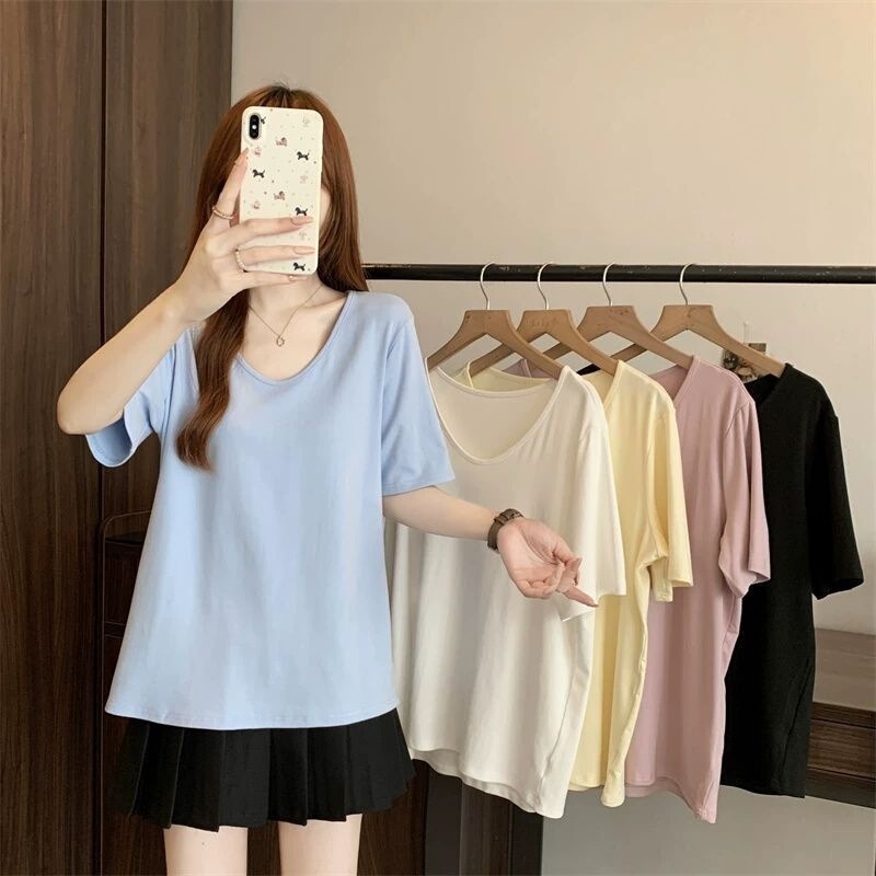 Ice silk ribbed large neckline white short-sleeve U-neck T-shirt for women, new summer style, loose, slimming, simple and fashionable top Ice silk ribbed large neckline white short-sleeve U-neck T-shirt for women, new summer style, loose, slimming, simple and fashionable top