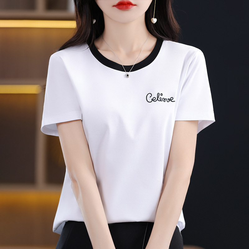 Pure Cotton Shoulder White T-Shirt Women's 2025 New Contrast Color Embroidered Letter Small Shirt Western Style Age-reducing Top Short Sleeve Summer