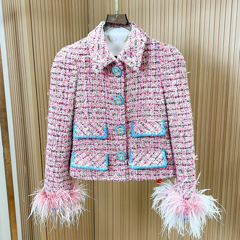2024 winter new design feeling powder color small fragrant tweed stitching ostrich feather coat