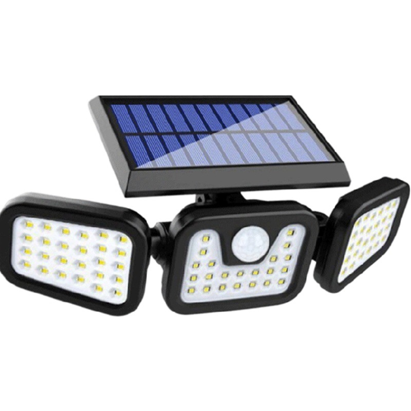 Luz con sensor Solar personalizada, 74LED, luz de pared giratoria de tres cabezales, luz exterior controlada por luz, impermeable, farola para jardín y carretera