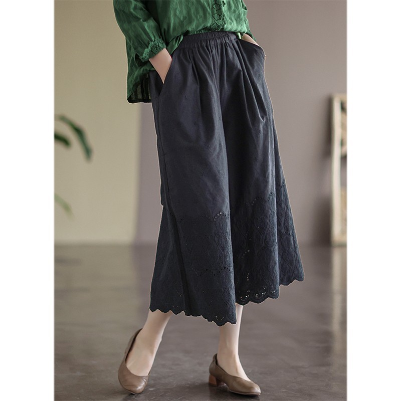 夏季新款 森系文艺刺绣花边裤镂空休闲七分阔腿裤中裤8314