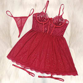 欧美亚马逊跨境外贸新款舒适蕾丝花边网纱睡裙诱惑露背吊带裙睡衣