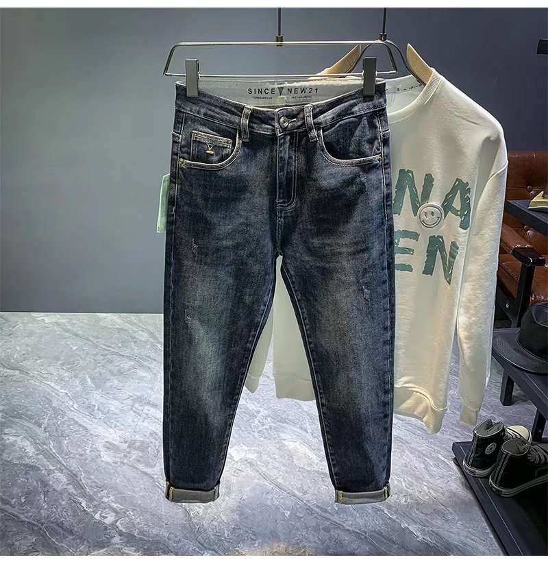 Jeans, collection printemps homme, nouveaux pantalons de marque tendance, pantalons slim fit élastiques et polyvalents à petites jambes_voghion.com
