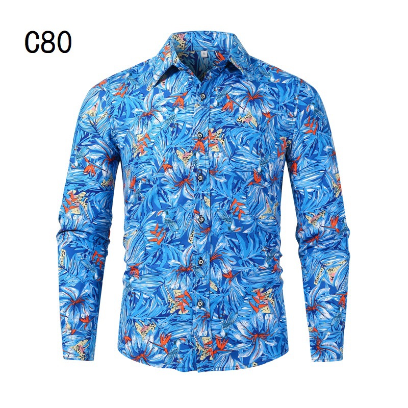 1508-C80-P18 Men's 2023 Autumn New Plus Size Long Sleeve Shirt Floral Print Men's Clothing Wrinkle-Free