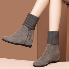 2023新款毛线口中筒靴女圆头内增高气质短靴坡跟棉鞋大码磨砂女靴