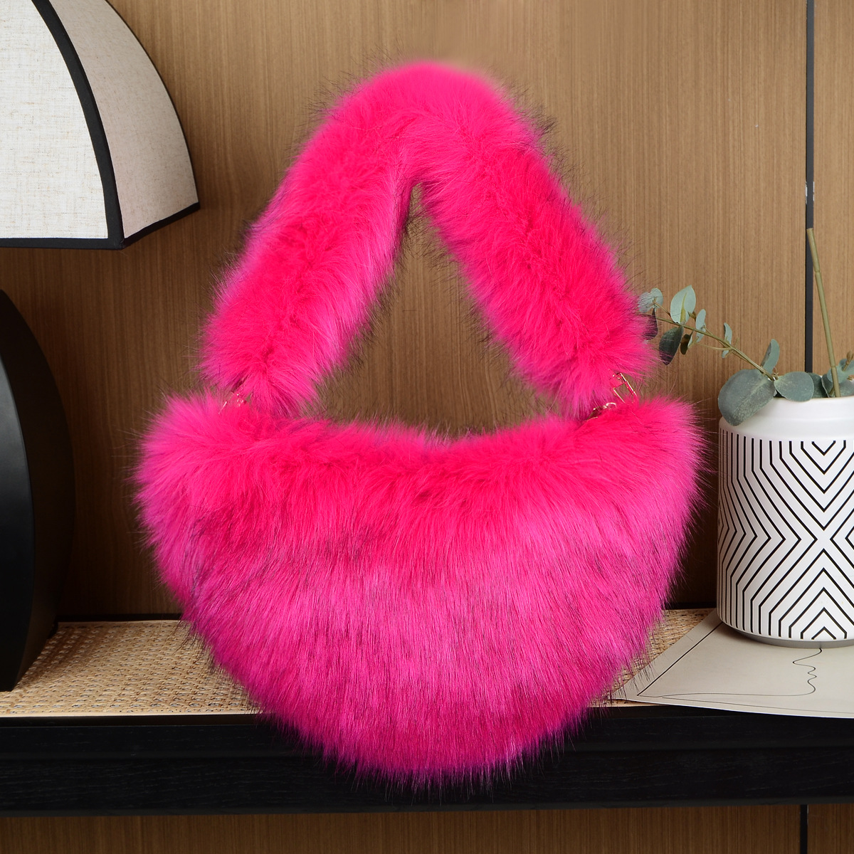 Fashion women's bags solid color plush messenger bag women's wool semi circular dumpling bag handbag_voghion.com