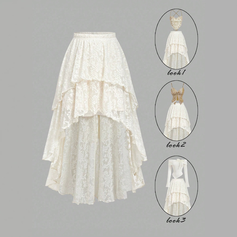 European and American Cross-Border Irregular Lace Embroidery A-Line Mid-Length Tiered Skirt Amazon Three-Layer Design Elegant Skirt