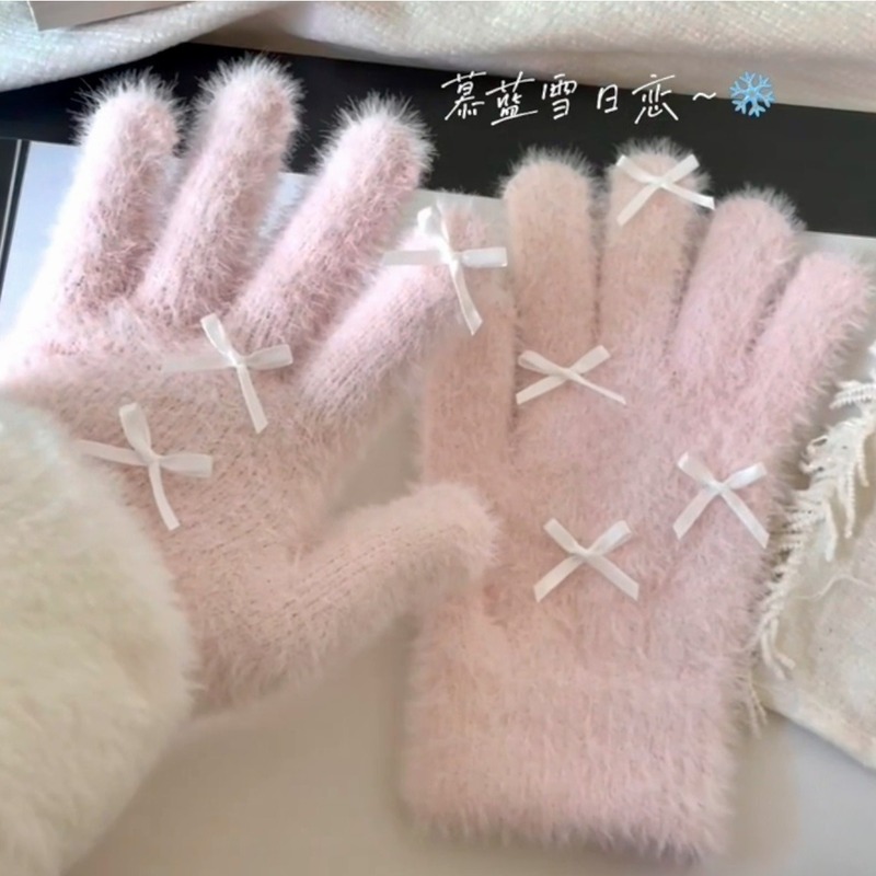 成人卡通毛绒针织手套女冬季可爱蝴蝶结加厚分指防冻学生骑行保暖|undefined