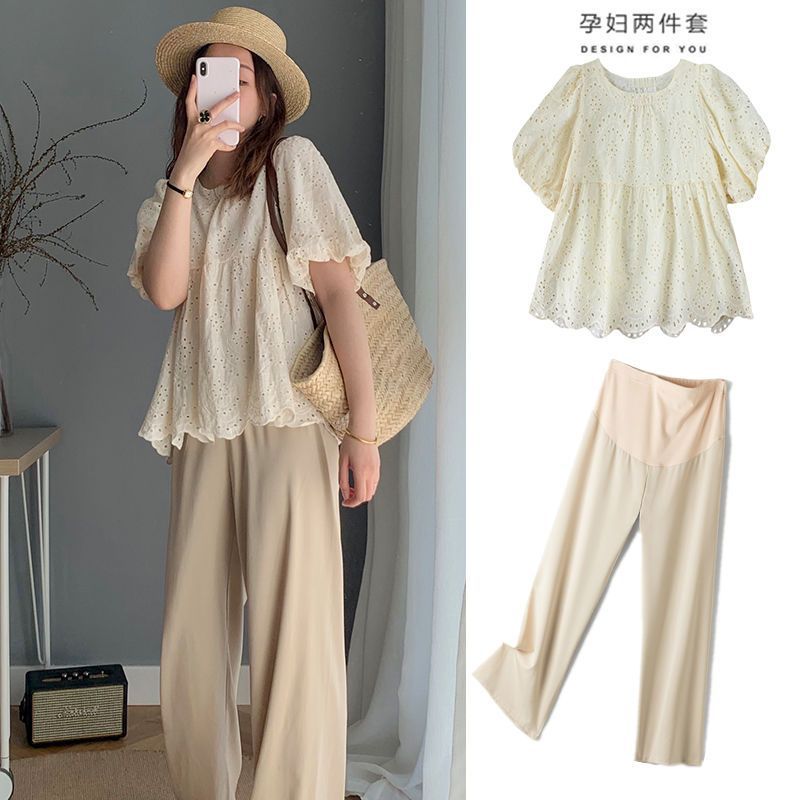 Pregnant Women's Summer Top, Women's Summer Blouse, Chiffon Baby Shirt, Short Sleeve Summer Shirt, Summer Thin Style Pregnancy Set, Two-Piece Set