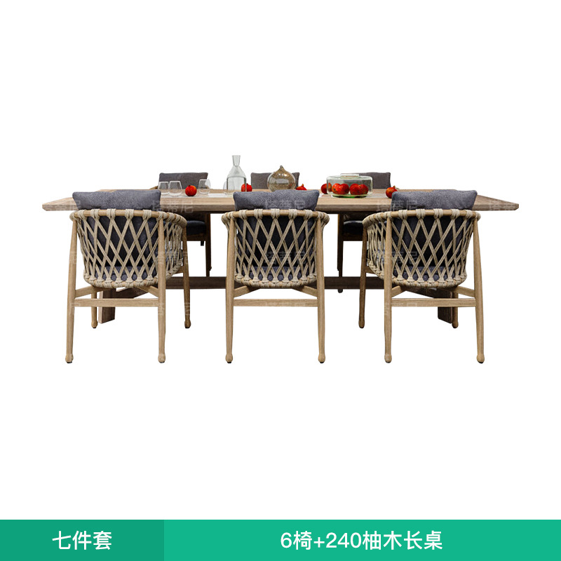 Mesas y sillas de teca para exteriores de villa, mesa larga de madera anticorrosión de diseño de alta gama para patio, jardín y hotel, con tejido de cuerda.