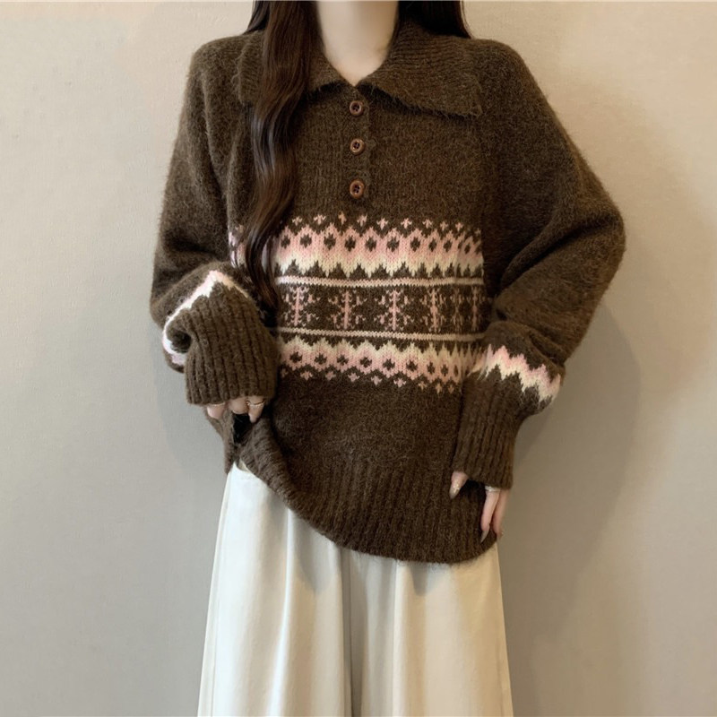 Two-tone Fair Isle POLO collar sweater, new spring and autumn loose pullover jacquard knit top, soft and cozy outerwear for women Two-tone Fair Isle POLO collar sweater, new spring and autumn loose pullover jacquard knit top, soft and cozy outerwear for women