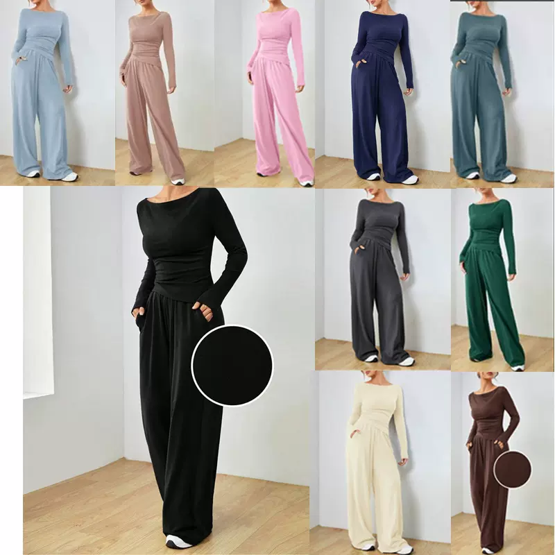 外贸跨境女装欧美套装纯色长袖休闲阔腿长裤时尚两件套装外贸服饰