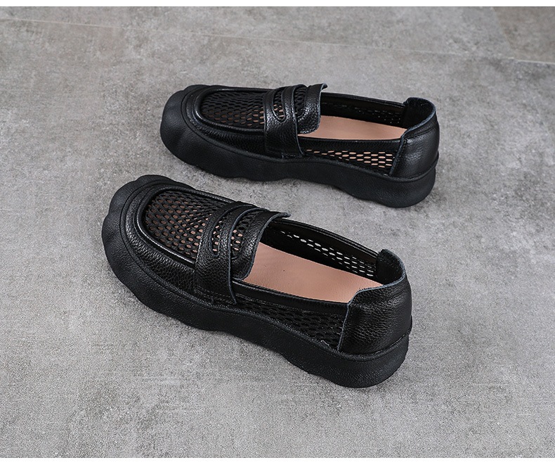 Giày sandal lười nữ đế bệt da bò thật phong cách cổ điển mùa hè — màu nâu chi tiết 14