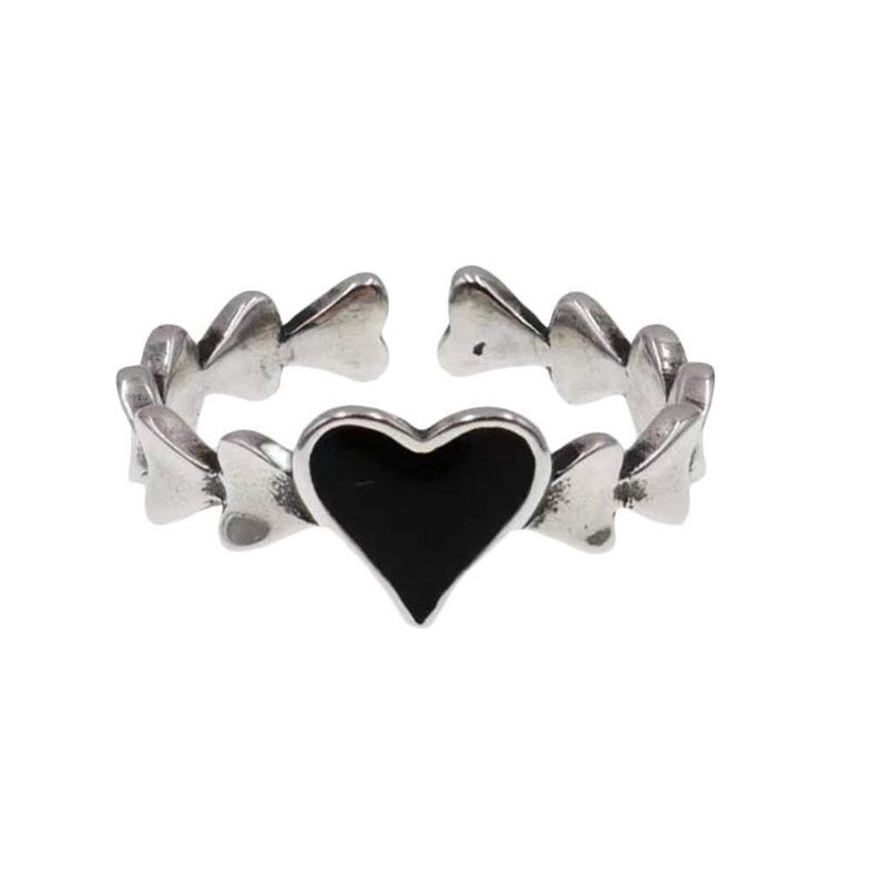 Ins retro two piece love festival ring, men's and women's black heart-shaped opening adjustable ring fashion hand jewelry