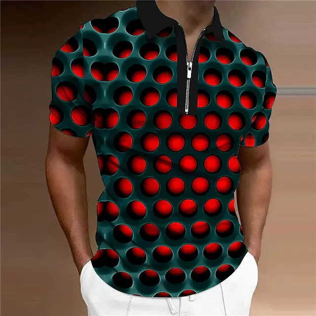 亚马逊2023跨境男拉链短袖翻领休闲Polo衫视错觉印花外贸一件直发