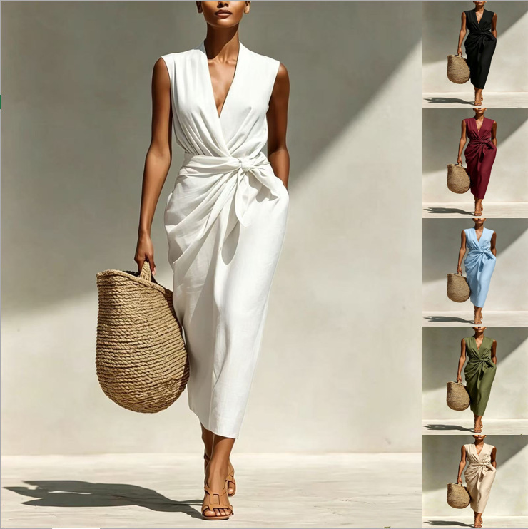 2026 Spring/Summer Cross-Border European and American Amazon Solid Color Wrap Strap Twisted V-Neck Sleeveless Cotton Linen Mid-Length Dress