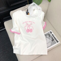 Shenshenjia 韓国版レトロ刺繍スパンコールチェリーコントラストチェック柄半袖カジュアル半袖 T シャツ女性用レーススカーフ付き