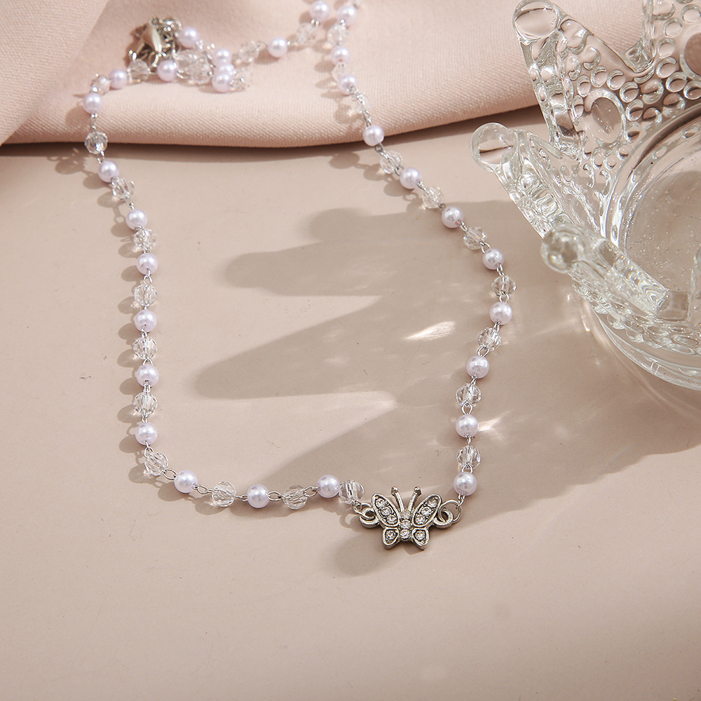 Fashion Butterfly Alloy Beaded Pearl Inlay Rhinestones Womenu0027S Necklace 1 Piece