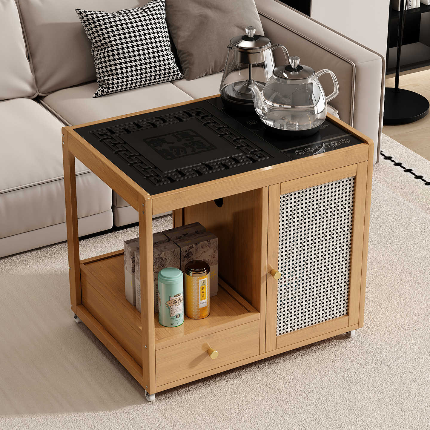 Mobile Tea Table, Tea Table, Side Cabinet, Sofa Side Table, Small Coffee Table, Small Table, Solid Wood Living Room Water Boiling Rack, Tea Cabinet