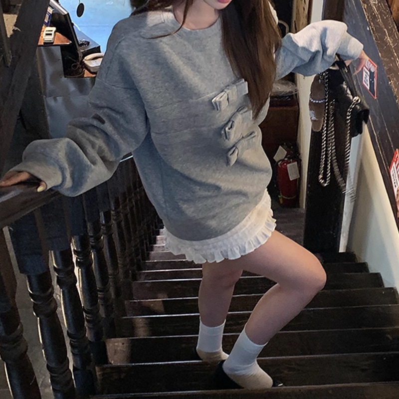 槿一蝴蝶结圆领长袖白色卫衣女2025新款巨好看的无帽短款上衣套头|undefined