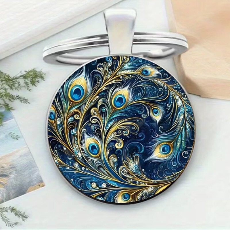 Cross-Border New Style Exquisite and Fashionable Light Luxury Peacock Feather Pattern Round Glass Keychain Pendant Bag Accessory Cross-Border New Style Exquisite and Fashionable Light Luxury Peacock Feather Pattern Round Glass Keychain Pendant Bag Accessory