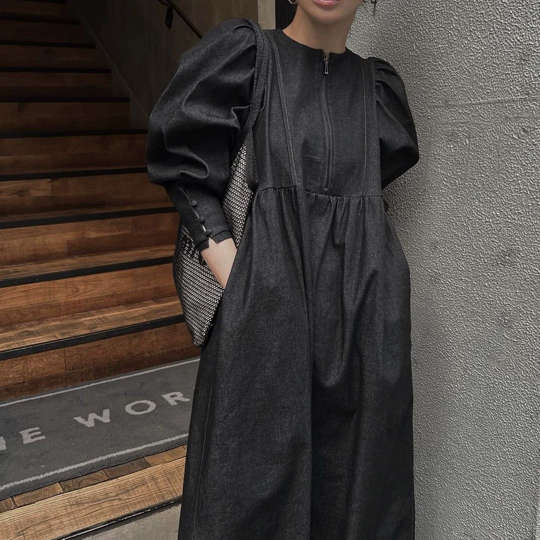 Сушеный журавль весна-лето новый элегантный в японском стиле, джинсовое платье с пышными рукавами, свободное облегающее ленивое платье