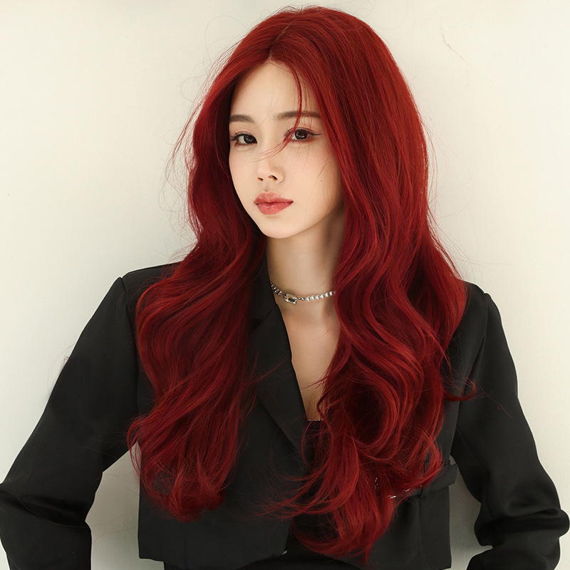 Wig Women's Long Curly Hair T-shaped Hand-woven Lace Whole Top Head Cover Chemical Fiber Simulation Large Head Skin Long Straight Hair Mid-split Wig