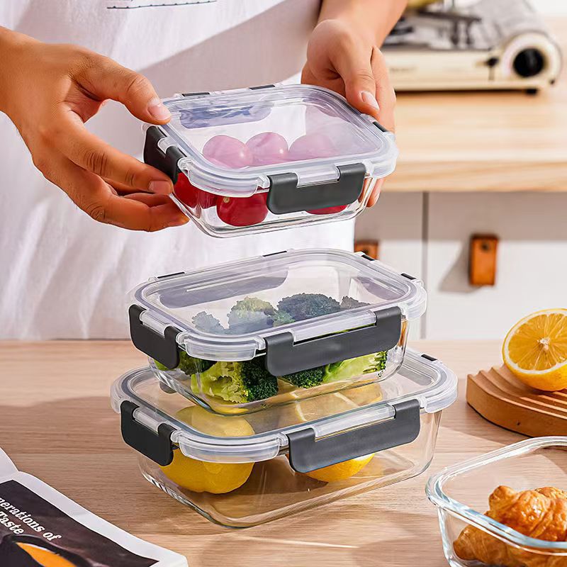 Tuppers rectangulares de vidrio borosilicato con tapa, grado alimenticio