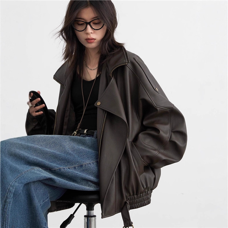 2026 Spring and Autumn New Retro Stand Collar Motorcycle Super Popular Brown Leather Jacket for Women Cool and Stylish Pu Jacket Top