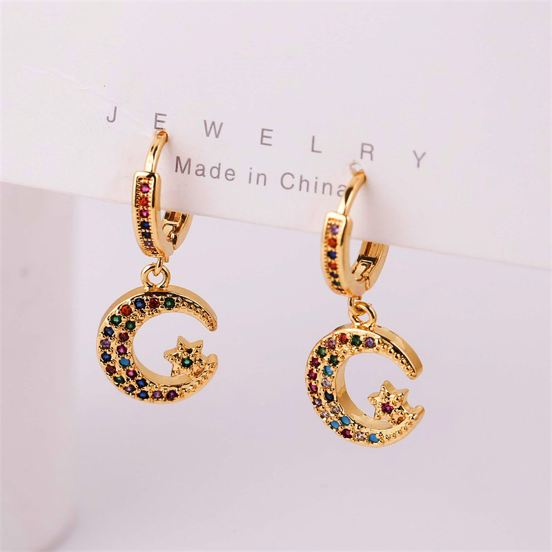 Retro Stars Moon Copper Inlaid Zirconium Earrings Wholesale Nihaojewelry display picture 4