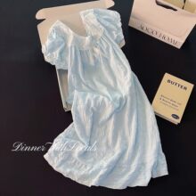 仅用于产品展示勿拍-蓝色蝴蝶结泡泡纱短袖睡裙女夏季新款纯棉公