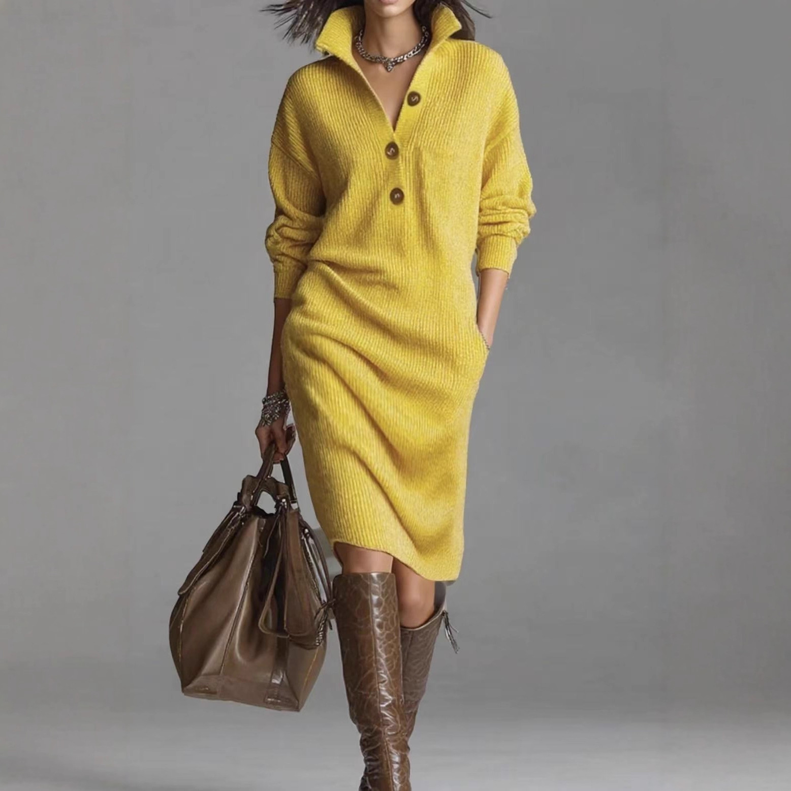 Robe pull mi-longue décontractée d'automne pour femme, style européen/américain, en maille droite, col boutonné, longueur standard._voghion.com