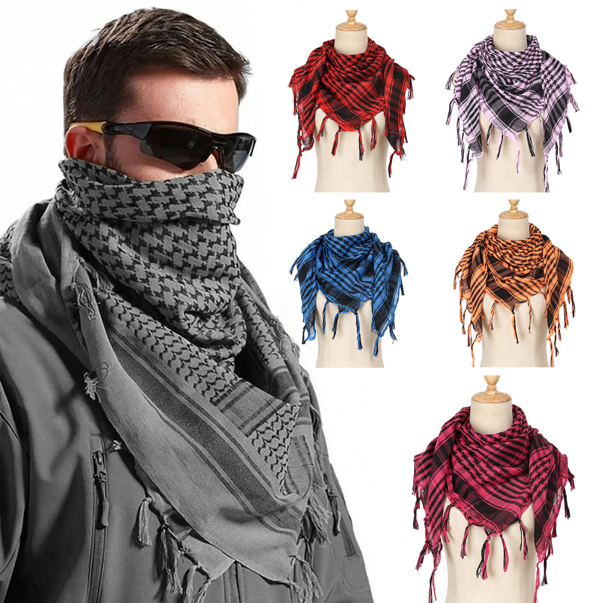 Cross-Border Foreign Trade Factory Direct Sales Houndstooth Headscarf Desert Tactical Scarf with Tassels Unisex Square Scarf in Stock