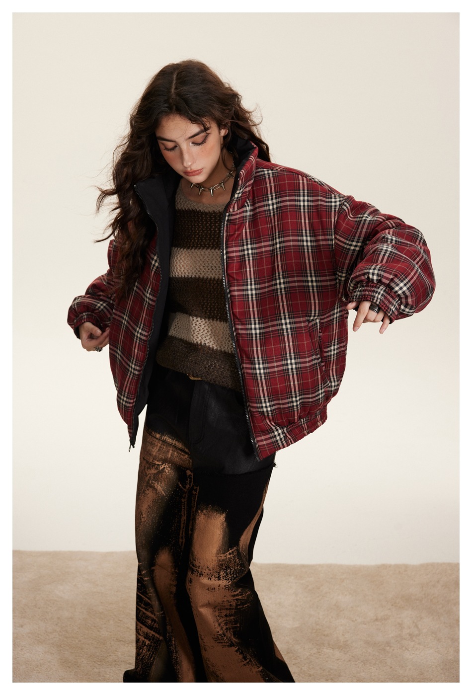 Herrenbekleidung Retro-Karierter Baumwollmantel Paar Wintermantel Männer und Frauen doppelseitiger Baumwollmantel mit Stehkragen_voghion.com