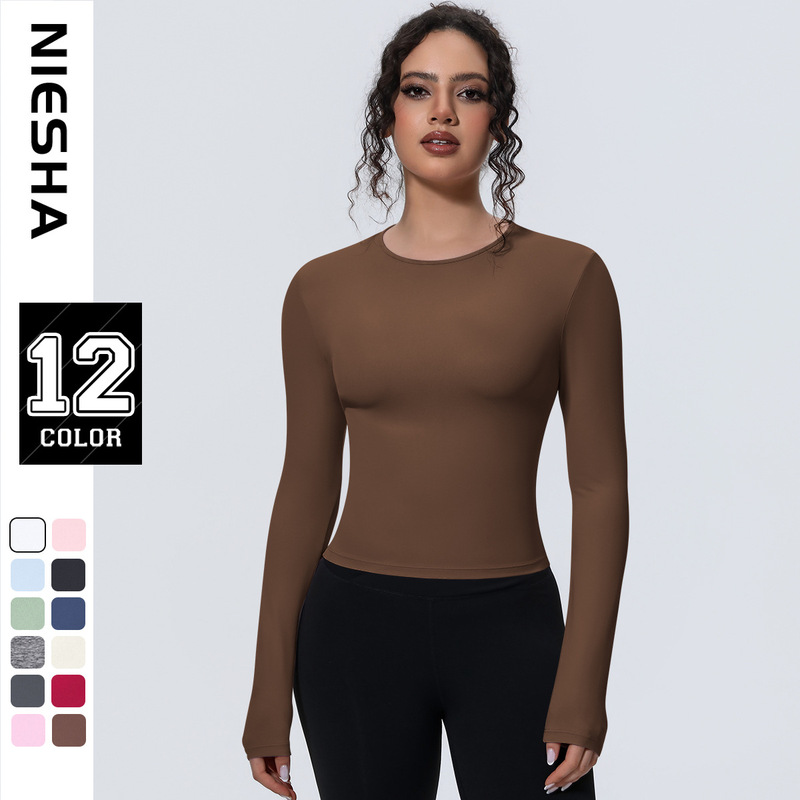 European and American Casual Pure Color Sports Long-Sleeved Waist Slim Breathable Yoga T-Shirt Running Training Nude Fitness Top