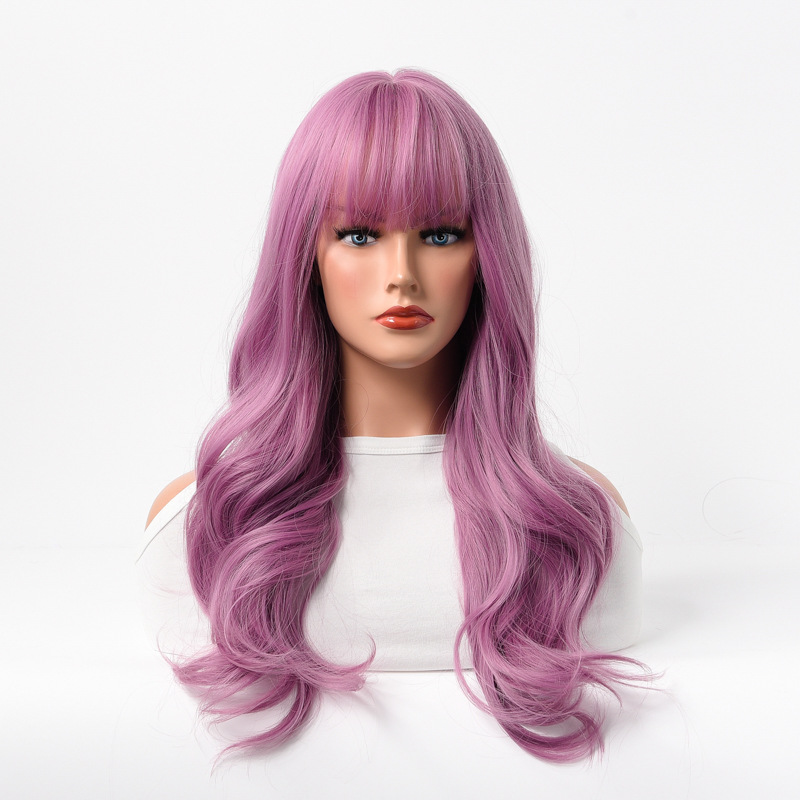 Parrucca sintetica Capelli lunghi ricci Parrucca piena per copricapo alla moda in fibra chimica viola marrone per donna_voghion.com