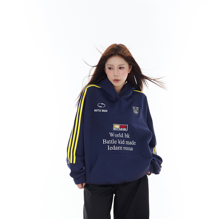 (2개) 미국 레트로 배지 대조 컬러 리본 디자인 후드 스웨트셔츠 남성 및 여성 캐주얼 올매치 후드 탑 인