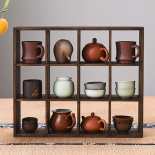 Solid Wood Lattice Shelf Teapot Display Rack Wall Storage Rack Antique Shelf Wall-Mounted Partition Storage Rack Wall-Mounted Multi-Treasure Cabinet