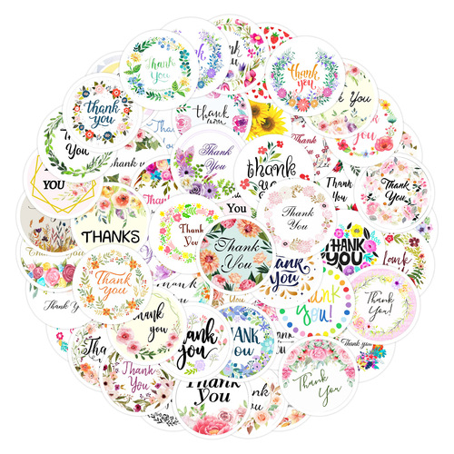 50 Thank You Graffiti Stickers Envelope Milk Tea Cup Greeting Card Sealing Sticker Notebook Waterproof Handbook Stickers Wholesale