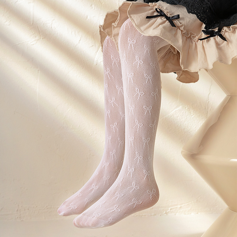 2025女童新款连裤袜白色袜子蝴蝶结蕾丝渔网薄款丝袜打底裤