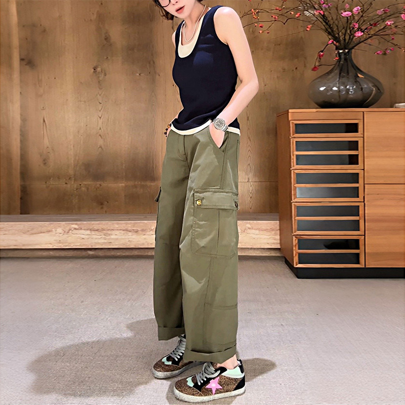 Summer new style American military green high-waisted loose slimming cropped wide-leg pants outdoor workwear straight casual pants