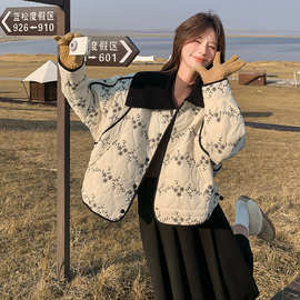 娃娃领碎花短款棉服女冬新款洋气夹棉轻薄小棉袄外套流行爆款