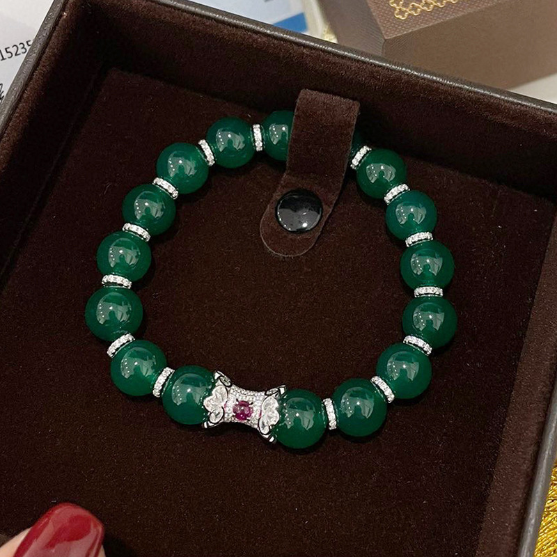 隆隆金珠宝S925银镶玉石玛瑙玉髓媲美阳绿翡翠手链国风手链新中风