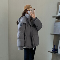 冬の新 2025 韓国語版グレー愛ショートダウンジャケット学生大きいサイズ綿コート女性カップルパンコート