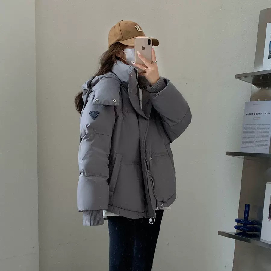 冬季新款2025韩版灰色爱心短款羽绒棉服学生大码棉衣女情侣面包服