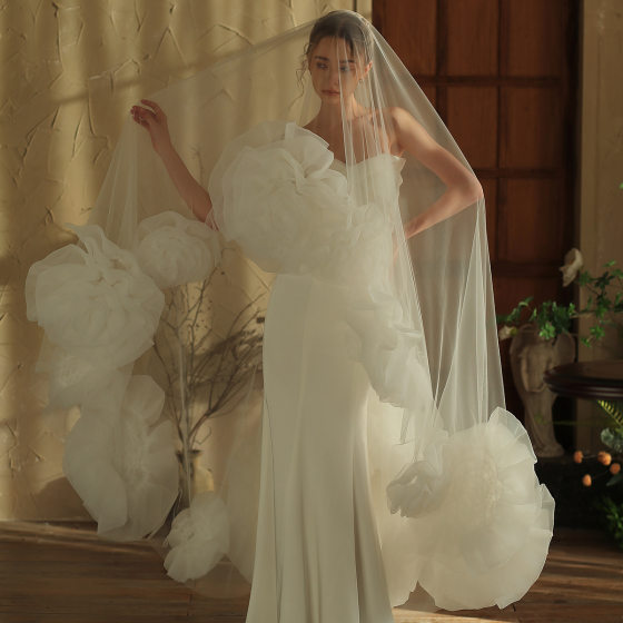 V398 Long Heavy Handmade Rose Flower Bridal Veil High-end Wedding Photo Studio Exterior Sample