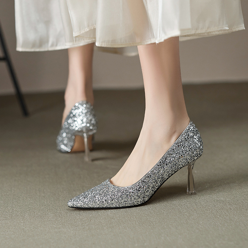 Giày cao gót nữ mũi nhọn đính sequin gót pha lê bạc — Màu bạc