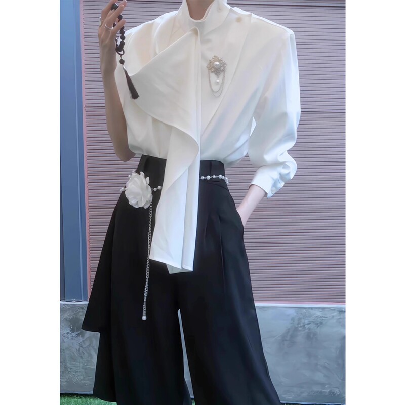 Factory Wholesale High-End Lemaire Style Ribbon Scarf Collar Shirt Design Niche New Chinese Style Shirt Trend Factory Wholesale High-End Lemaire Style Ribbon Scarf Collar Shirt Design Niche New Chinese Style Shirt Trend